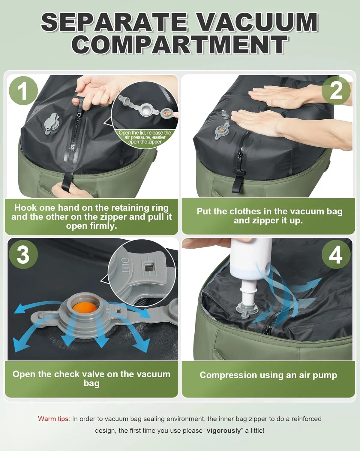 VGCUB Small Travel Backpack with Vacuum System Carry on Storage Compression Personal Item Bags with Electric Pump Work Business Vacpack College Airback lightweight Backpack for Women Men Army green