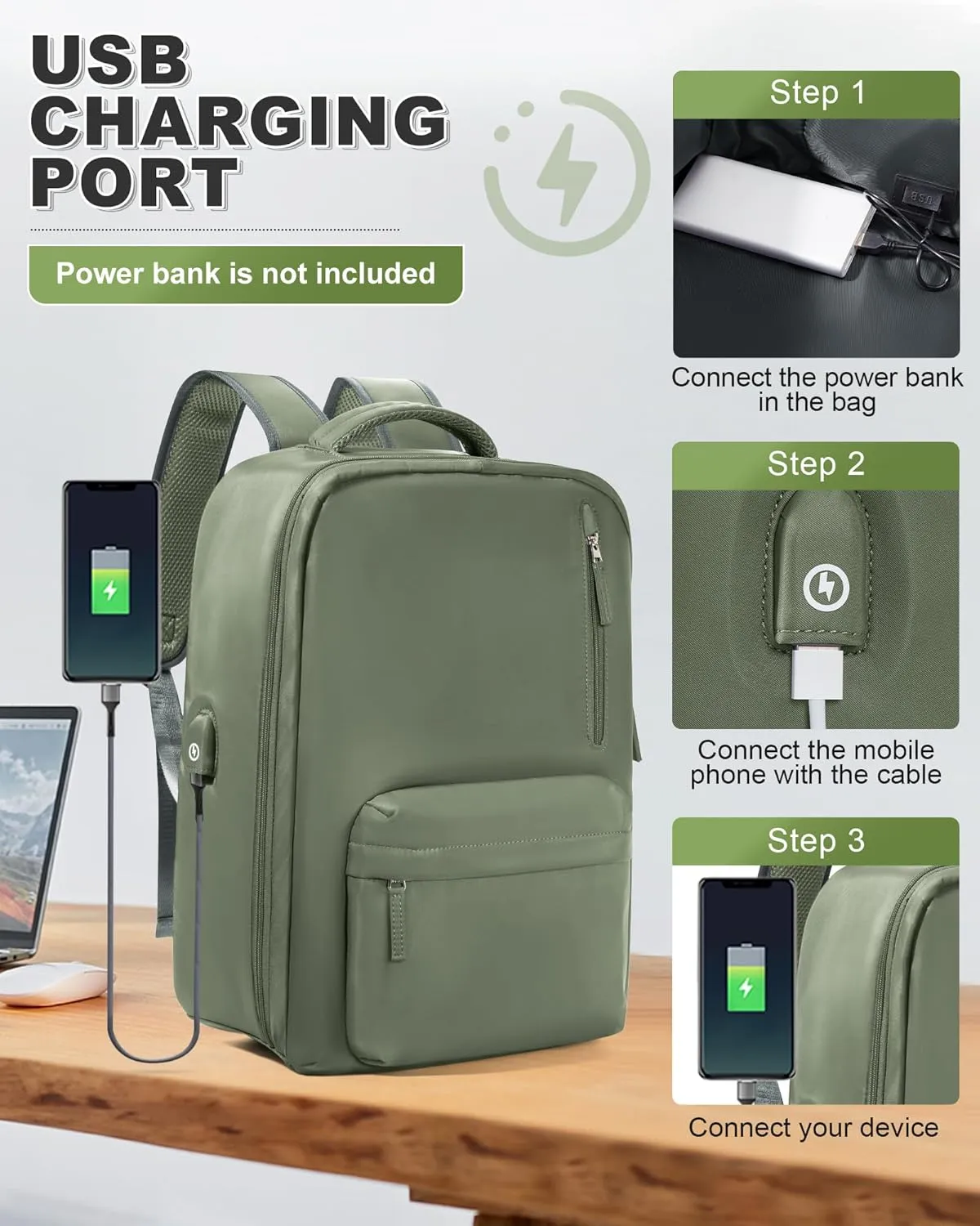 VGCUB Small Travel Backpack with Vacuum System Carry on Storage Compression Personal Item Bags with Electric Pump Work Business Vacpack College Airback lightweight Backpack for Women Men Army green
