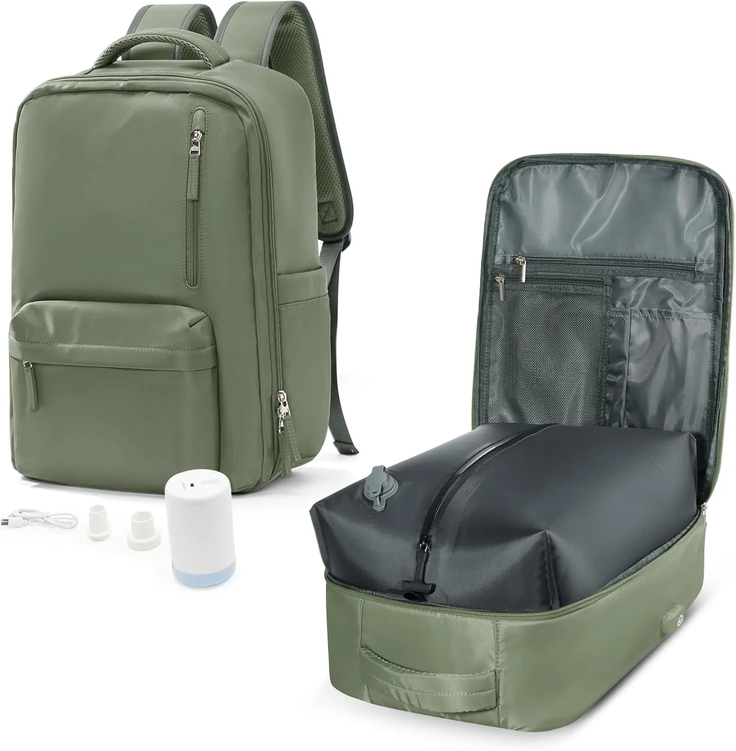 VGCUB Small Travel Backpack with Vacuum System Carry on Storage Compression Personal Item Bags with Electric Pump Work Business Vacpack College Airback lightweight Backpack for Women Men Army green