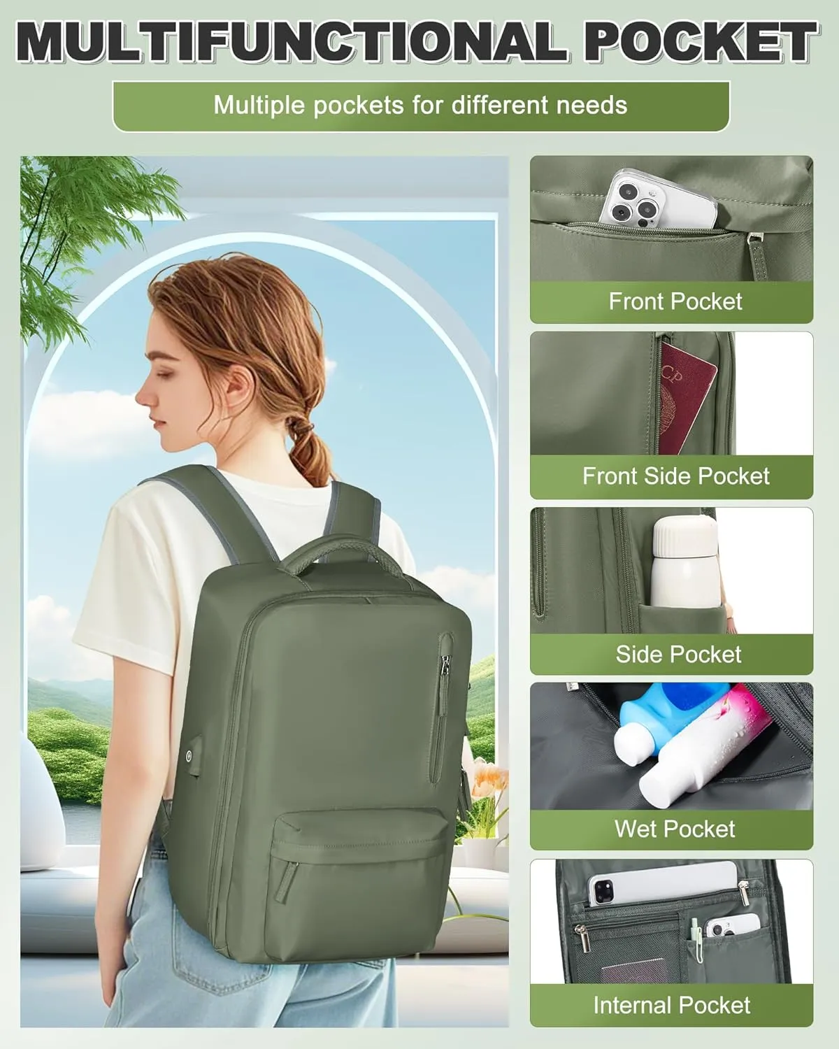 VGCUB Small Travel Backpack with Vacuum System Carry on Storage Compression Personal Item Bags with Electric Pump Work Business Vacpack College Airback lightweight Backpack for Women Men Army green