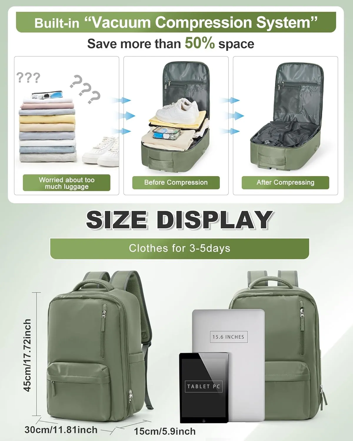 VGCUB Small Travel Backpack with Vacuum System Carry on Storage Compression Personal Item Bags with Electric Pump Work Business Vacpack College Airback lightweight Backpack for Women Men Army green