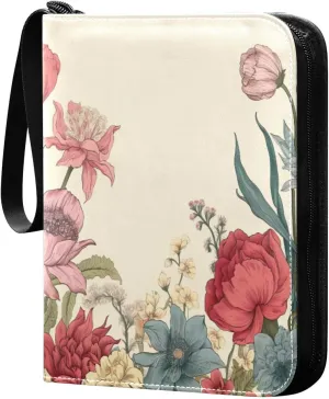 Vintage Colorful Floral Card Binder 4-Pocket, 400 Pockets Card Holder with 50 Removable Sleeves and Zipper for Games Baseball Football Sports Card