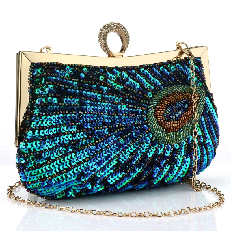Vintage Sequin Peacock Style Banquet Clutch Bag