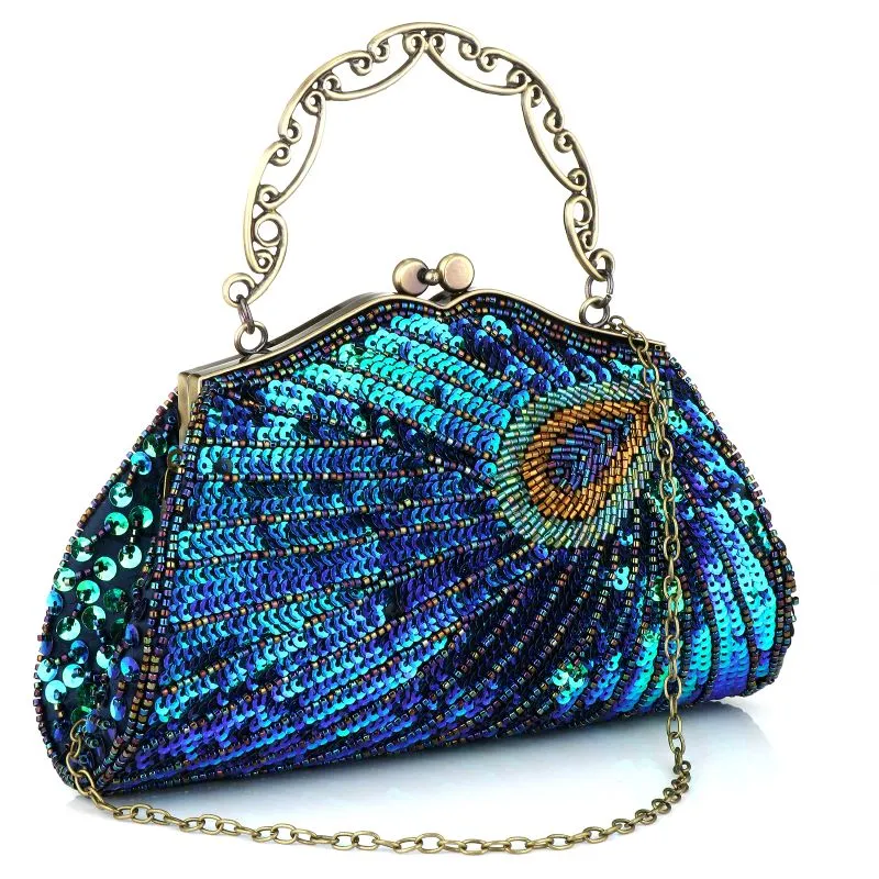 Vintage Sequin Peacock Style Banquet Clutch Bag