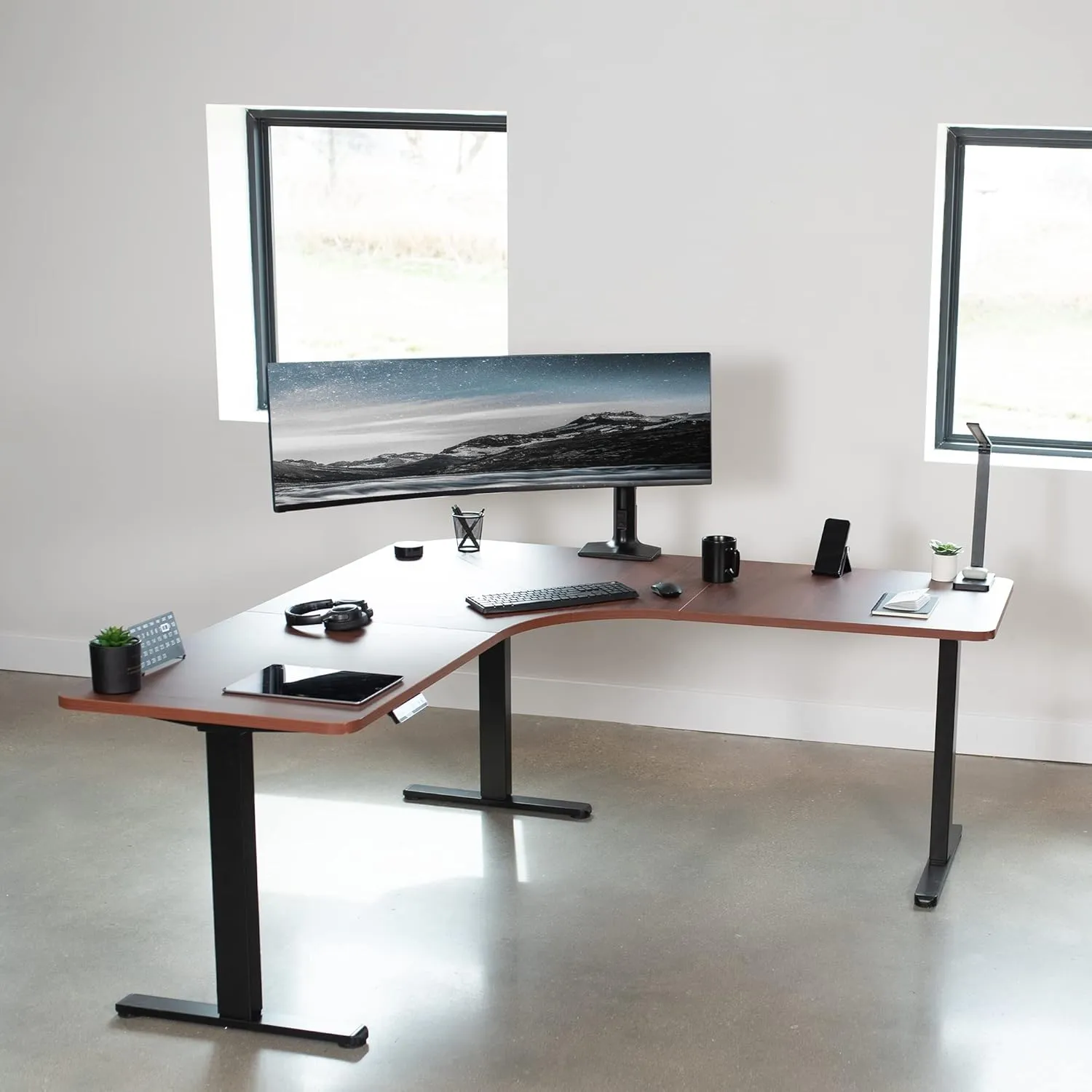 VIVO Electric Height Adjustable 71 x 71 inch Curved Corner Stand Up Desk, Dark Walnut Table Top, Black Frame, Memory Controller, L-Shaped Workstation, E3C Series, DESK-KIT-E3CBD