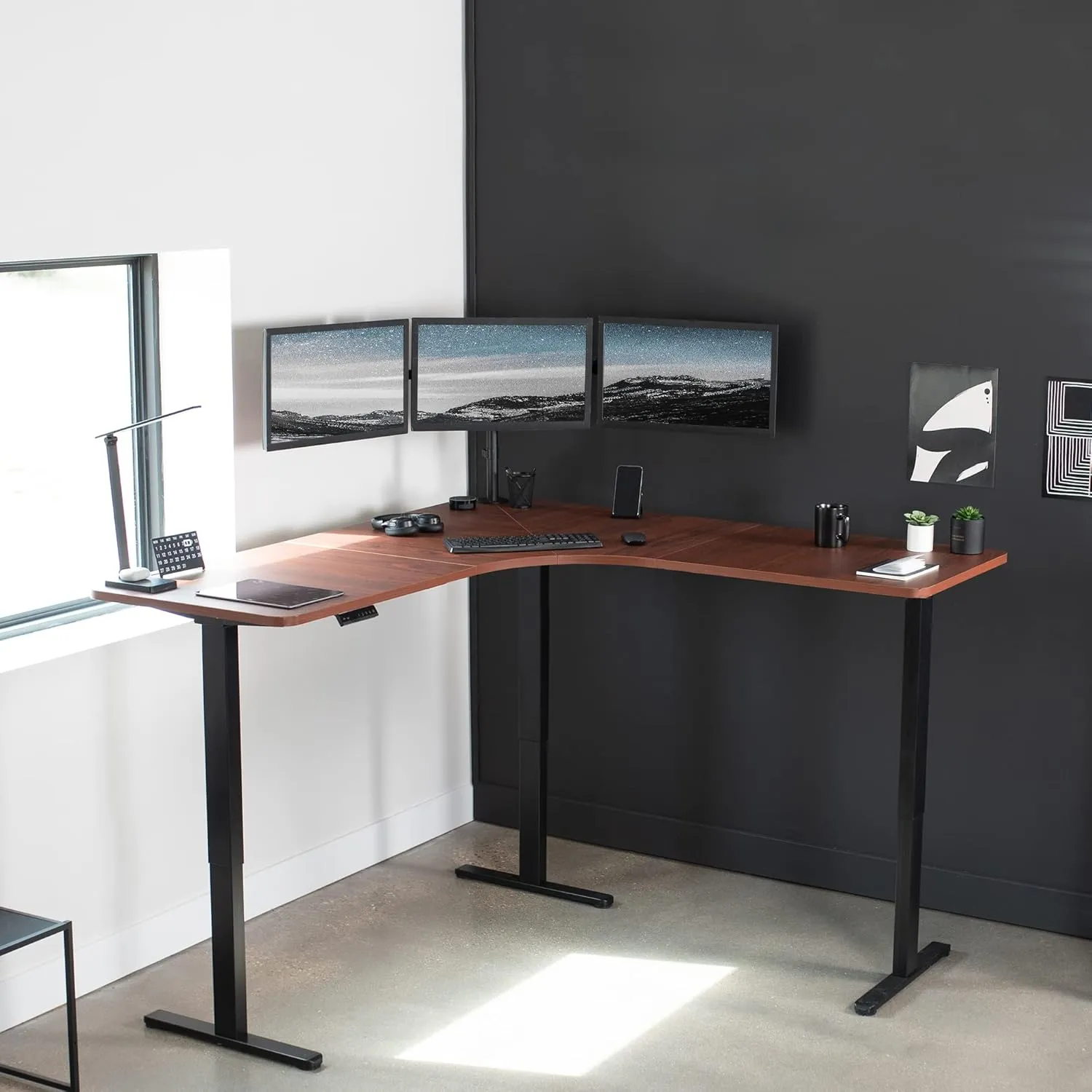 VIVO Electric Height Adjustable 71 x 71 inch Curved Corner Stand Up Desk, Dark Walnut Table Top, Black Frame, Memory Controller, L-Shaped Workstation, E3C Series, DESK-KIT-E3CBD