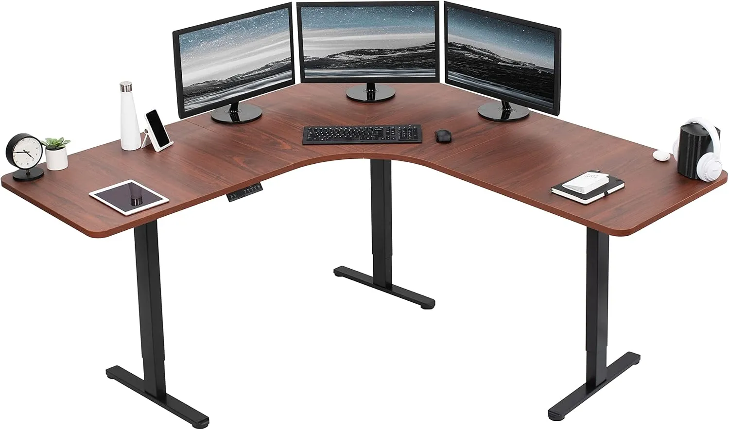 VIVO Electric Height Adjustable 71 x 71 inch Curved Corner Stand Up Desk, Dark Walnut Table Top, Black Frame, Memory Controller, L-Shaped Workstation, E3C Series, DESK-KIT-E3CBD