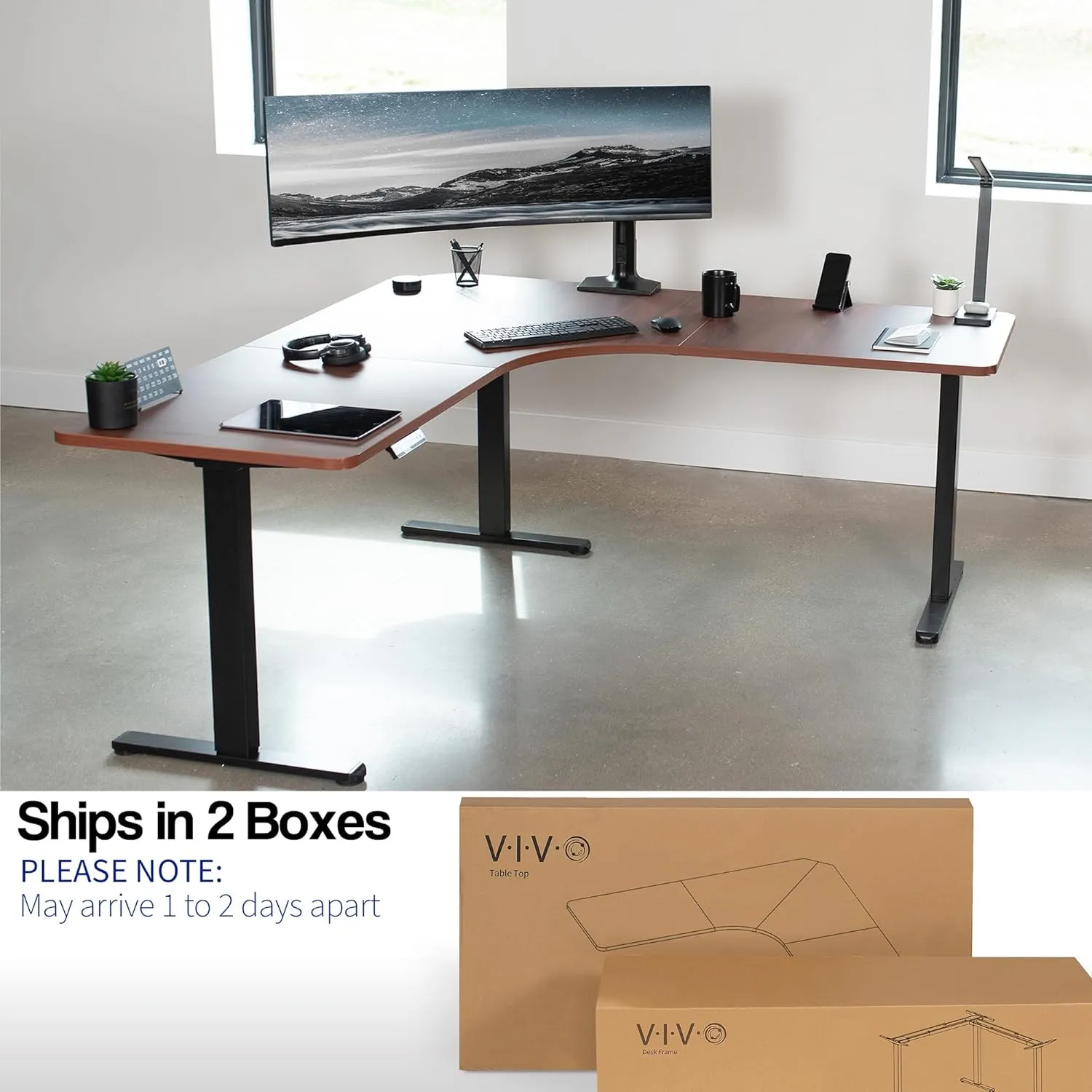 VIVO Electric Height Adjustable 71 x 71 inch Curved Corner Stand Up Desk, Dark Walnut Table Top, Black Frame, Memory Controller, L-Shaped Workstation, E3C Series, DESK-KIT-E3CBD