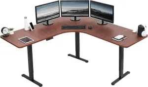 VIVO Electric Height Adjustable 71 x 71 inch Curved Corner Stand Up Desk, Dark Walnut Table Top, Black Frame, Memory Controller, L-Shaped Workstation, E3C Series, DESK-KIT-E3CBD