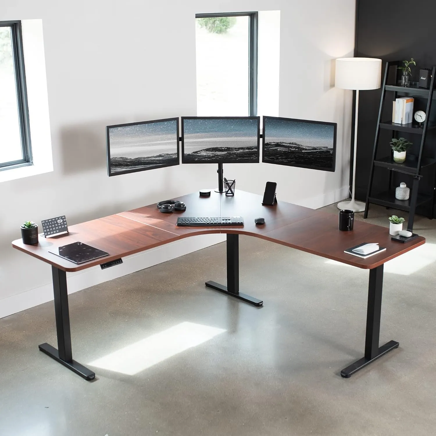 VIVO Electric Height Adjustable 71 x 71 inch Curved Corner Stand Up Desk, Dark Walnut Table Top, Black Frame, Memory Controller, L-Shaped Workstation, E3C Series, DESK-KIT-E3CBD