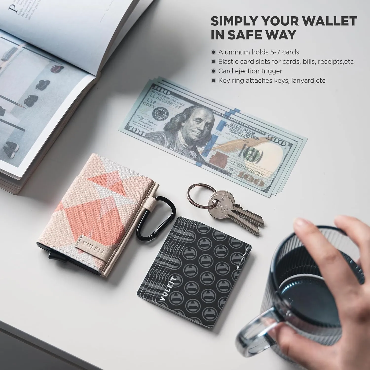 VULKIT Slim Wallet for Men and Women, Pop up Credit Card holder Metal Case RFID Blocking with Keychain and Elastic Pocket (Rhombic Pink)