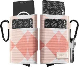 VULKIT Slim Wallet for Men and Women, Pop up Credit Card holder Metal Case RFID Blocking with Keychain and Elastic Pocket (Rhombic Pink)