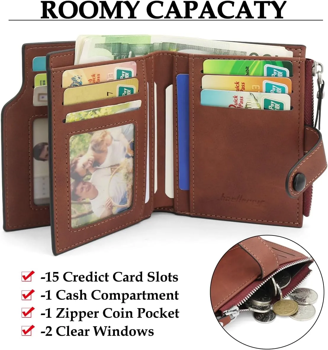Wallet for Men RFID Blocking Bifold Wallet Leather Credit Card Holder Slim Purse Wallet with 15 Card Slots for Men (Brown)