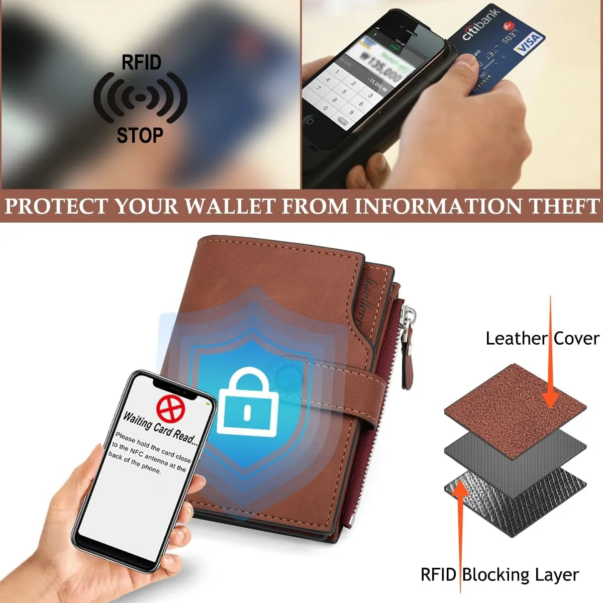 Wallet for Men RFID Blocking Bifold Wallet Leather Credit Card Holder Slim Purse Wallet with 15 Card Slots for Men (Brown)