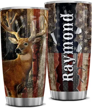 Wassmin Personalized Hunter Gifts for Men, American Flag Tumbler - 20oz & 30oz Stainless Steel Insulated Hunters Coffee Travel Mug Cup - Birthday & Father's Day Gift