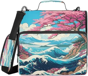 Wave Mountain Scenic Blue Zipper Binder 3 Ring Binder Bag Water Resistant Expandable File Folder with Shoulder Strap & Handle for School Office Supplies