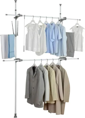 WENKO "Hercules Flex Telescopic Adjustable Clothing Rack System with 2 Hanging Rails, Walk-in Closet Organizer, Garment Rack, White, 45.7-74.8 x 65.0-118.1 x 14.2 in