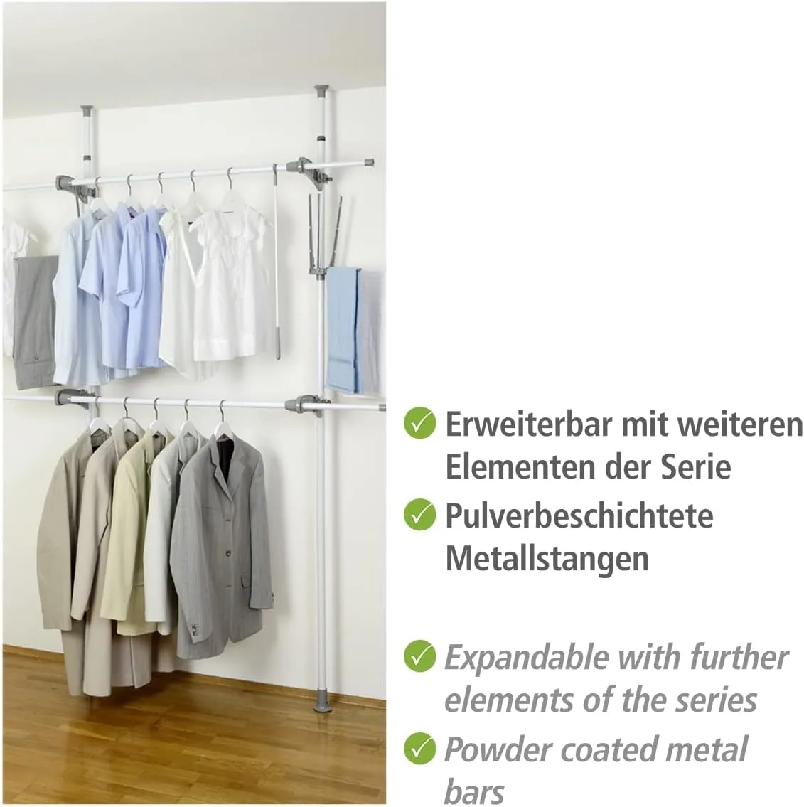 WENKO "Hercules Flex Telescopic Adjustable Clothing Rack System with 2 Hanging Rails, Walk-in Closet Organizer, Garment Rack, White, 45.7-74.8 x 65.0-118.1 x 14.2 in