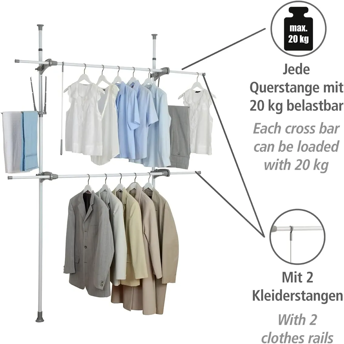 WENKO "Hercules Flex Telescopic Adjustable Clothing Rack System with 2 Hanging Rails, Walk-in Closet Organizer, Garment Rack, White, 45.7-74.8 x 65.0-118.1 x 14.2 in