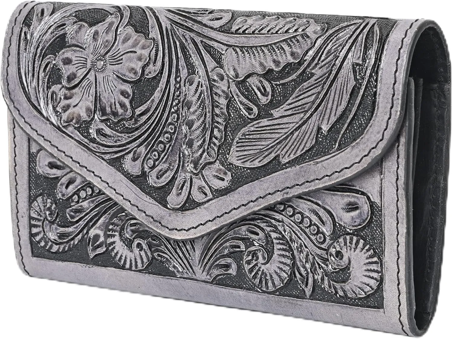 Western Broncy Beby Handmade Bifold Wallet Cowgirl Western Fashion Women's Wallet Handmade Genuine Cowhide Tooled Leather Floral and Leafy Design Hand Carving Mutiple Crad Slots