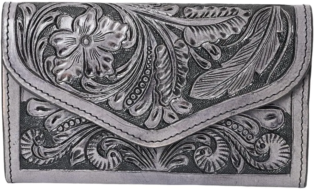 Western Broncy Beby Handmade Bifold Wallet Cowgirl Western Fashion Women's Wallet Handmade Genuine Cowhide Tooled Leather Floral and Leafy Design Hand Carving Mutiple Crad Slots