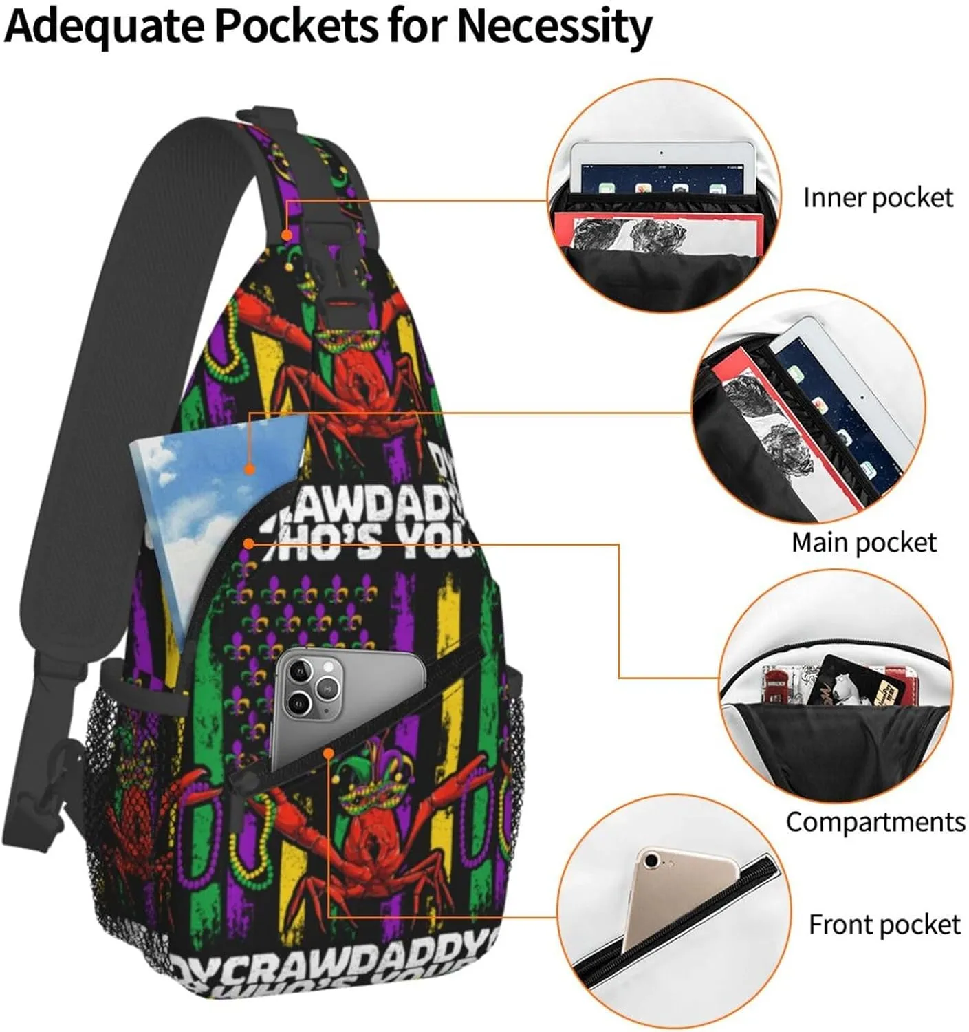 Who's Your Crawdaddy Mardi Gras Mask Beads Crawfish Sling Bag Crossbody Bag Chest Bags Travel Shoulder Backpack