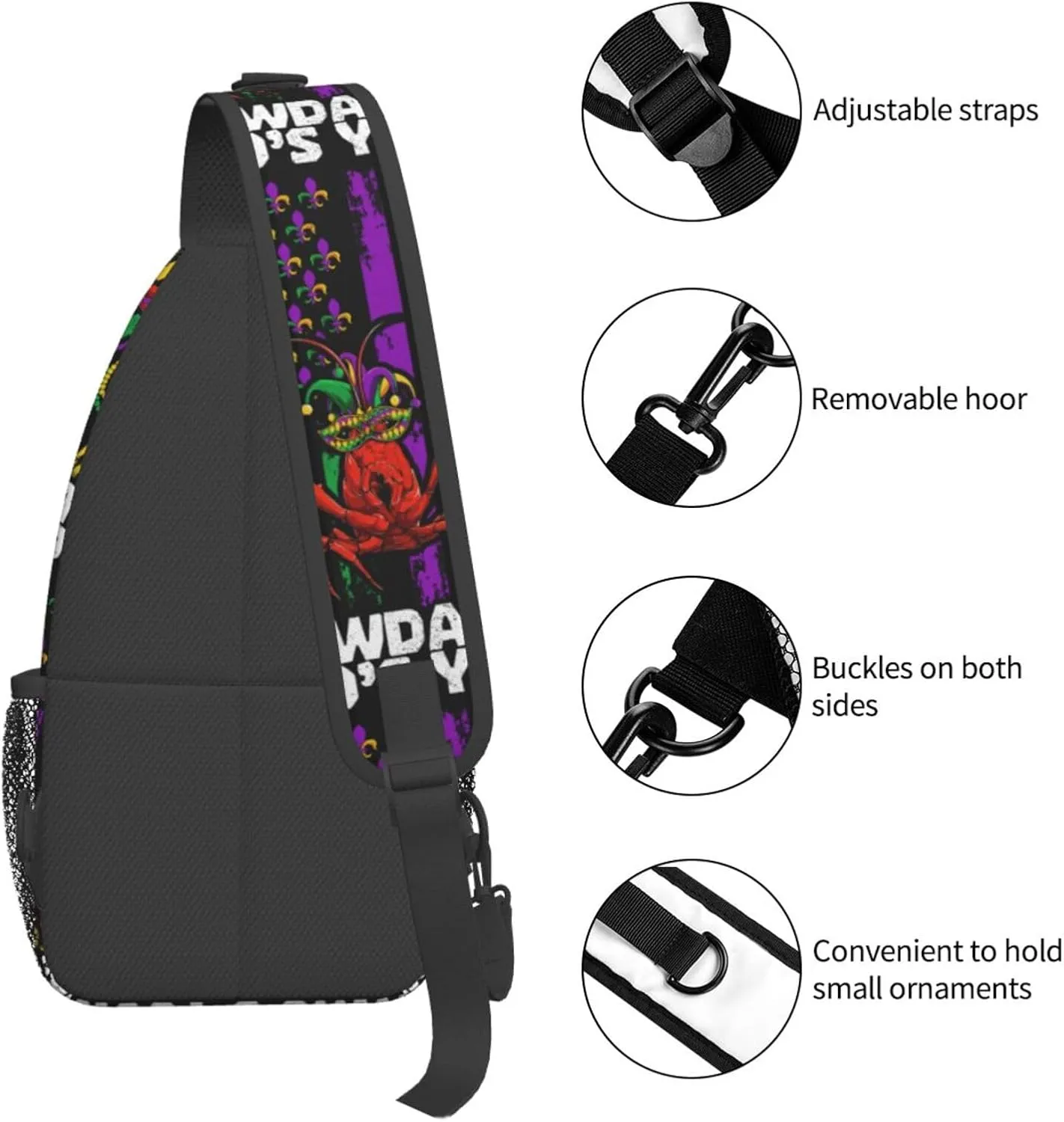 Who's Your Crawdaddy Mardi Gras Mask Beads Crawfish Sling Bag Crossbody Bag Chest Bags Travel Shoulder Backpack