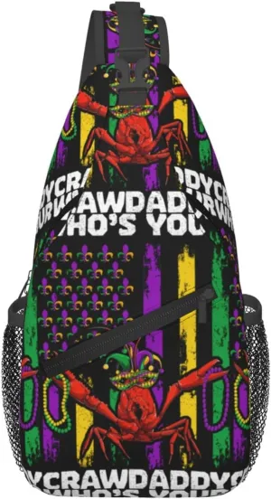 Who's Your Crawdaddy Mardi Gras Mask Beads Crawfish Sling Bag Crossbody Bag Chest Bags Travel Shoulder Backpack