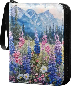 Wildflowers Painting Card Binder 4-Pocket, 400 Pockets PU Waterproof Zippered Collector Card Album with 50 Removable Sleeves for Trading, Game Cards