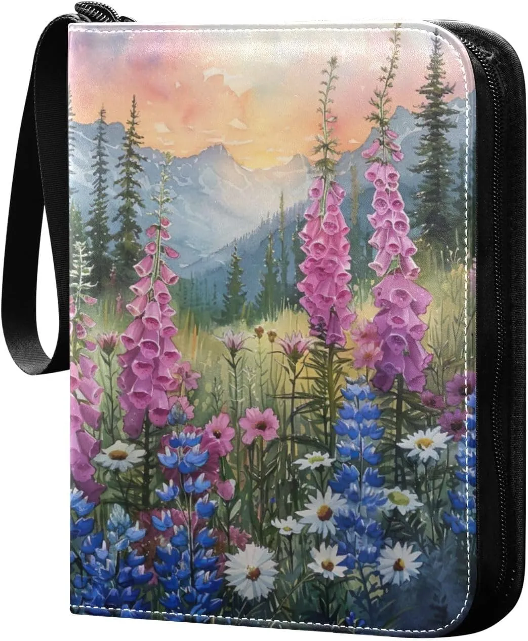 Wildflowers Painting Card Binder with 50 Removable Page Sleeves PU Leather Collectible Trading Card Albums Book with Zipper for Games Card,Baseball Cards