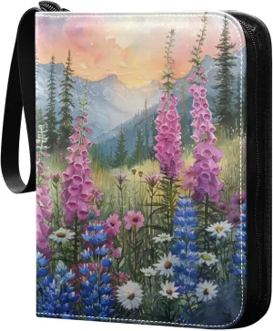 Wildflowers Painting Card Binder with 50 Removable Page Sleeves PU Leather Collectible Trading Card Albums Book with Zipper for Games Card,Baseball Cards