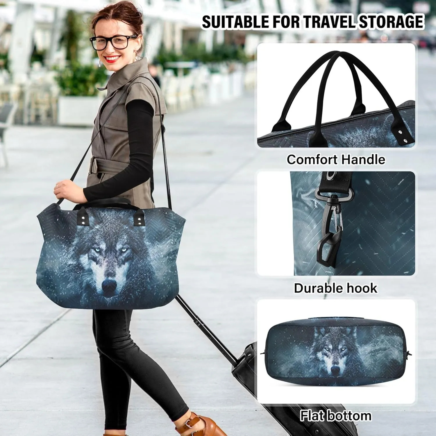 Wolf Snow Night Travel Duffle Women Cosmetic Pouch Set of 2, Flower Womens Small Gym Bag Overnight Hospital Bag