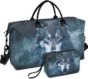 Wolf Snow Night Travel Duffle Women Cosmetic Pouch Set of 2, Flower Womens Small Gym Bag Overnight Hospital Bag