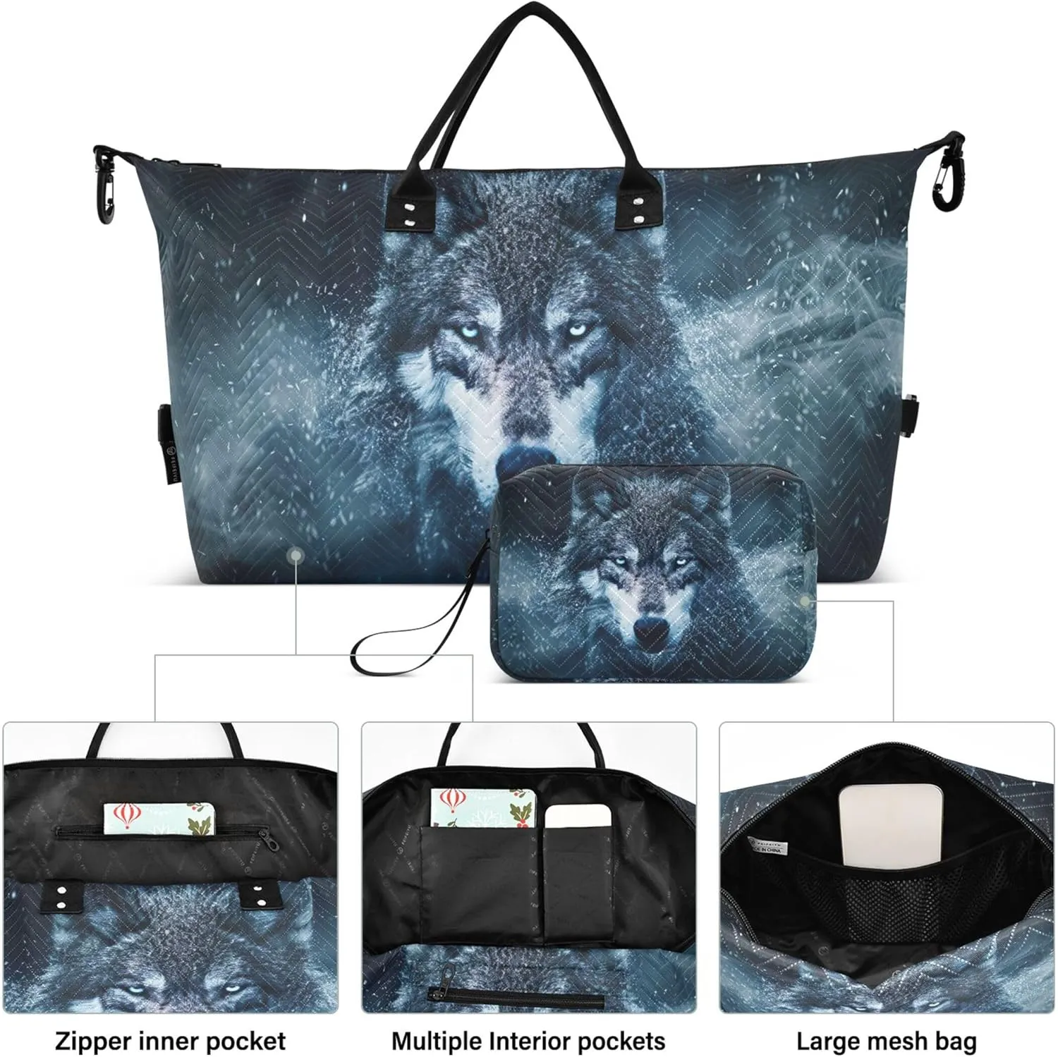 Wolf Snow Night Travel Duffle Women Cosmetic Pouch Set of 2, Flower Womens Small Gym Bag Overnight Hospital Bag
