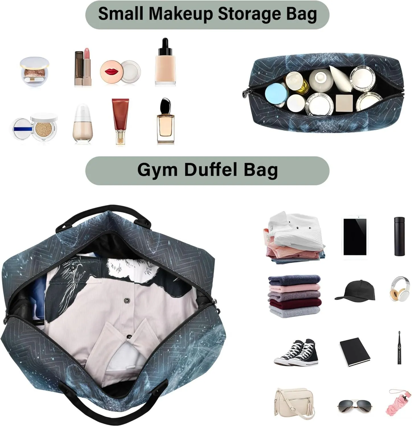 Wolf Snow Night Travel Duffle Women Cosmetic Pouch Set of 2, Flower Womens Small Gym Bag Overnight Hospital Bag