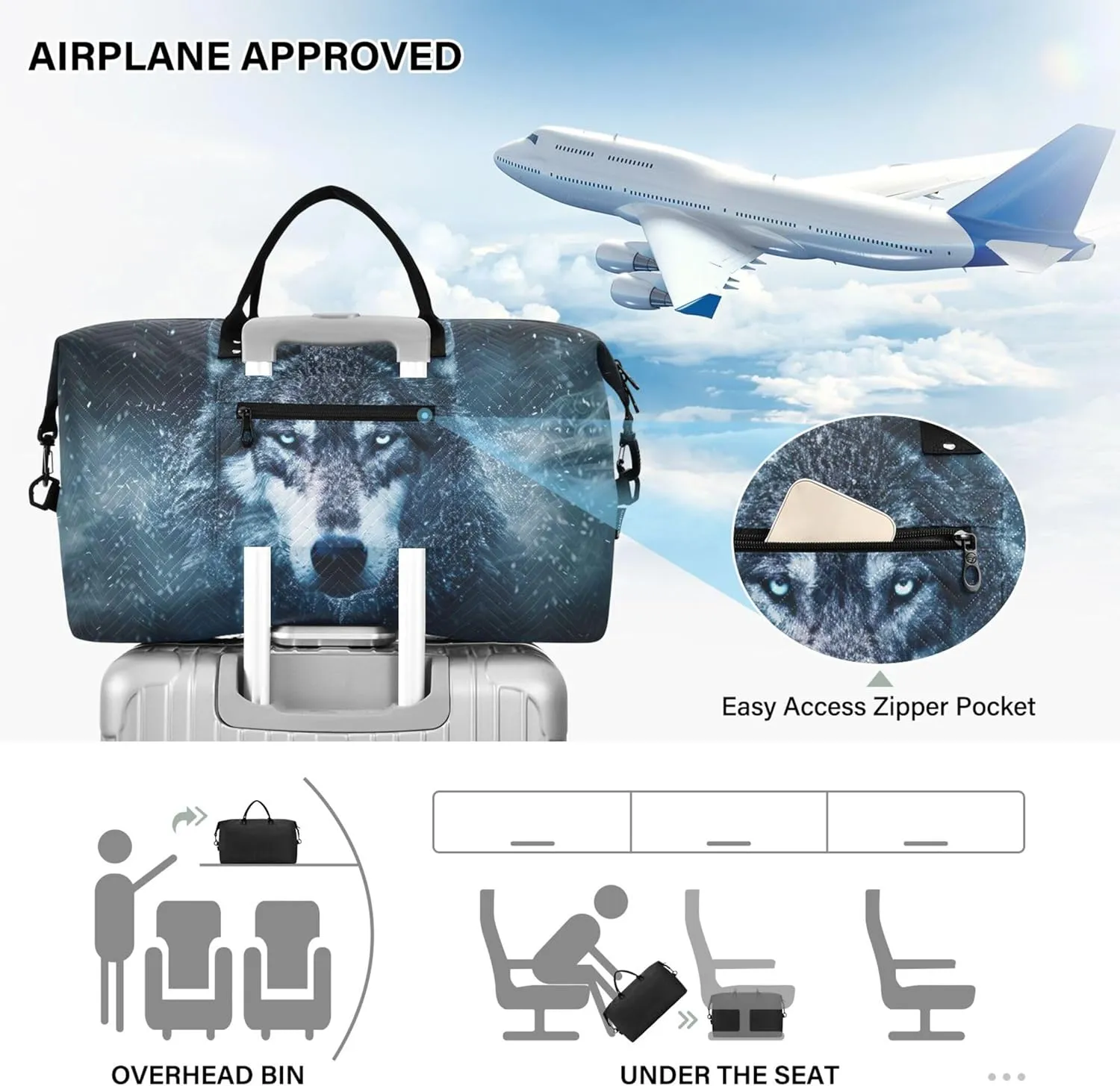 Wolf Snow Night Travel Duffle Women Cosmetic Pouch Set of 2, Flower Womens Small Gym Bag Overnight Hospital Bag