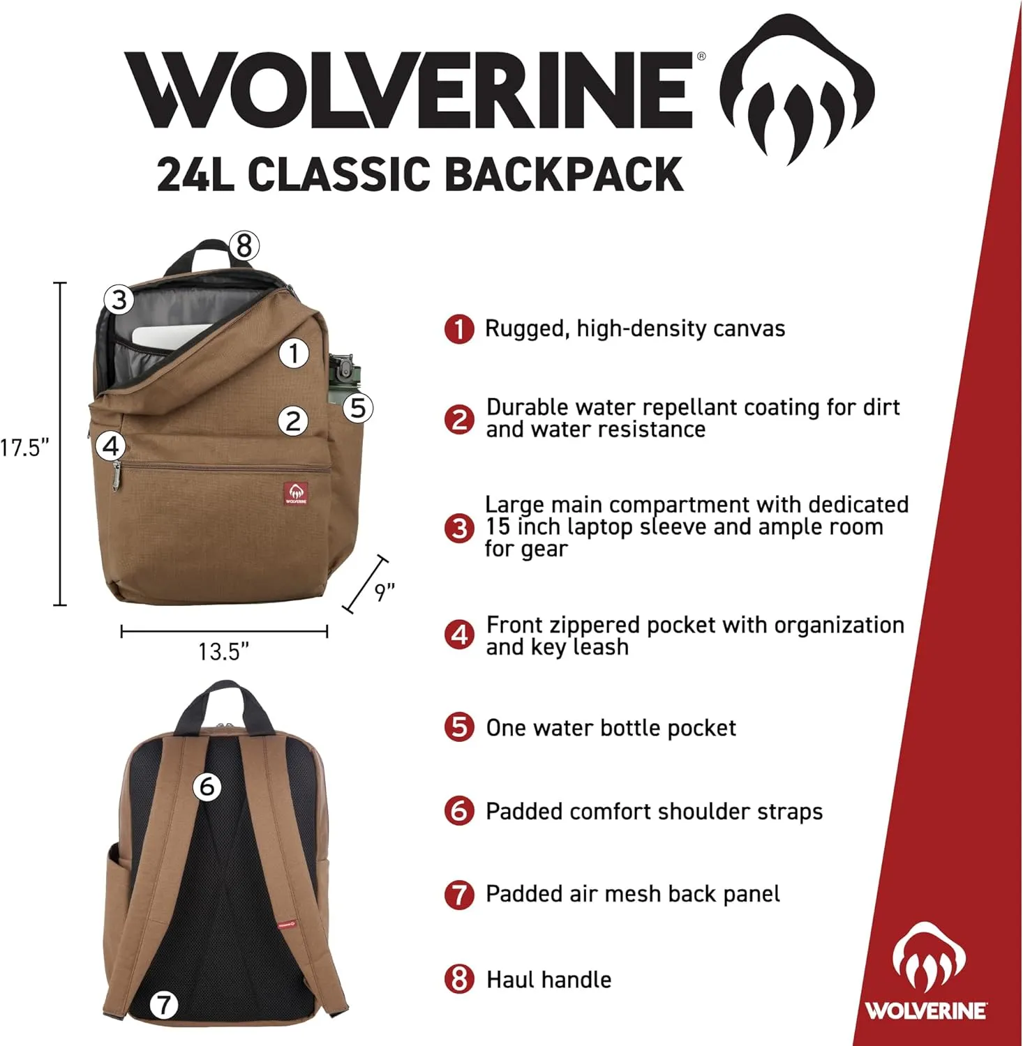 WOLVERINE Lightweight, Water Resistant Rugged Laptop Backpack for Travel or Work, Classic-Grey, 24L
