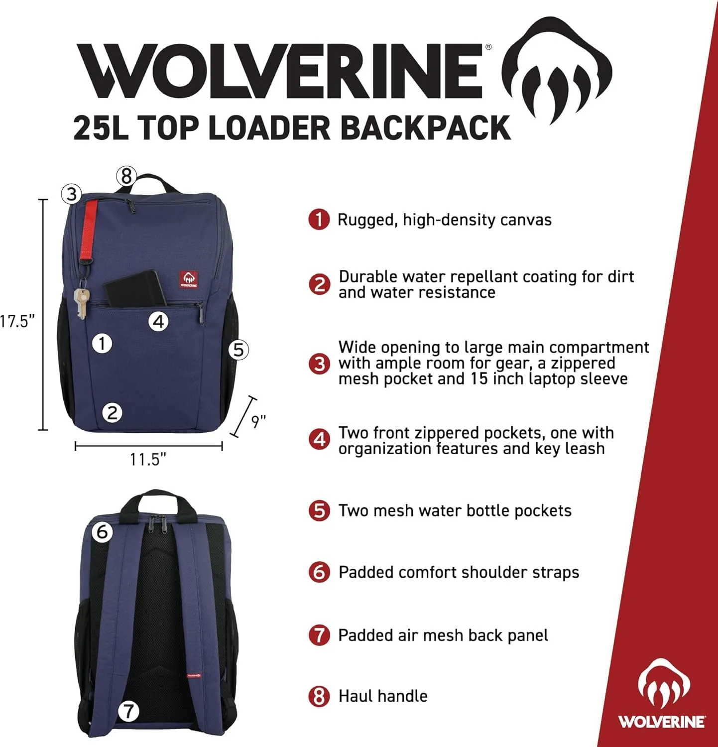 WOLVERINE Lightweight, Water Resistant Rugged Laptop Backpack for Travel or Work, Top Loader-Black, 25L
