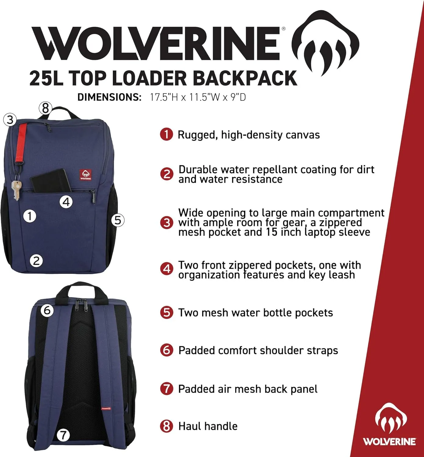 WOLVERINE Lightweight, Water Resistant Rugged Laptop Backpack for Travel or Work, Top Loader-Black, 25L