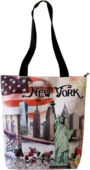 Women Fashion Shoulder Handbag New York Landmarks USA Flag Print Foldable Shopping Travel Work Daily Tote Zip Closure Bag