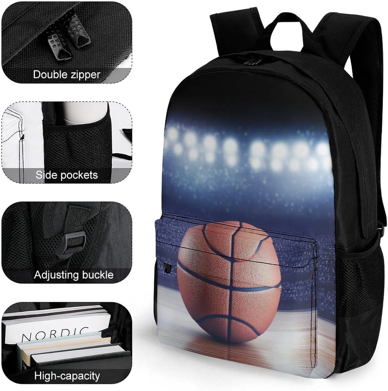 Women Men Polyester 3D Sport Basketball Casual Daypack Large Capacity Bookbag With Side Pockets for Sports Picnic Walking Cycling