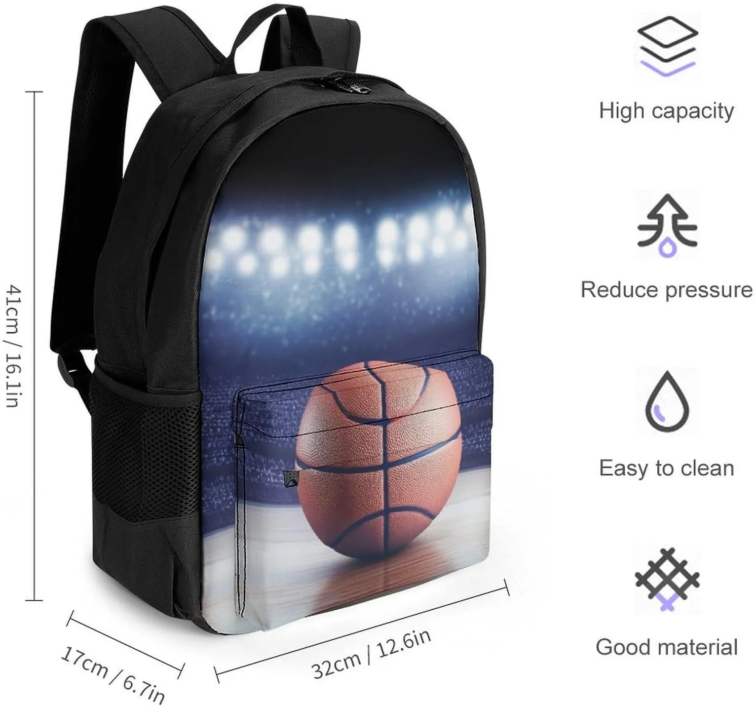 Women Men Polyester 3D Sport Basketball Casual Daypack Large Capacity Bookbag With Side Pockets for Sports Picnic Walking Cycling