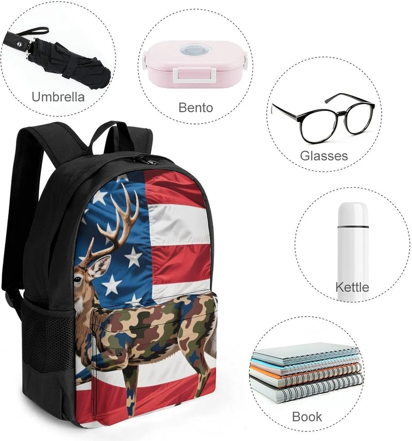 Women Men Polyester American Flag Camo Deer Camouflage Art Casual Daypack Large Capacity Bookbag With Side Pockets for Sports Picnic Walking Cycling
