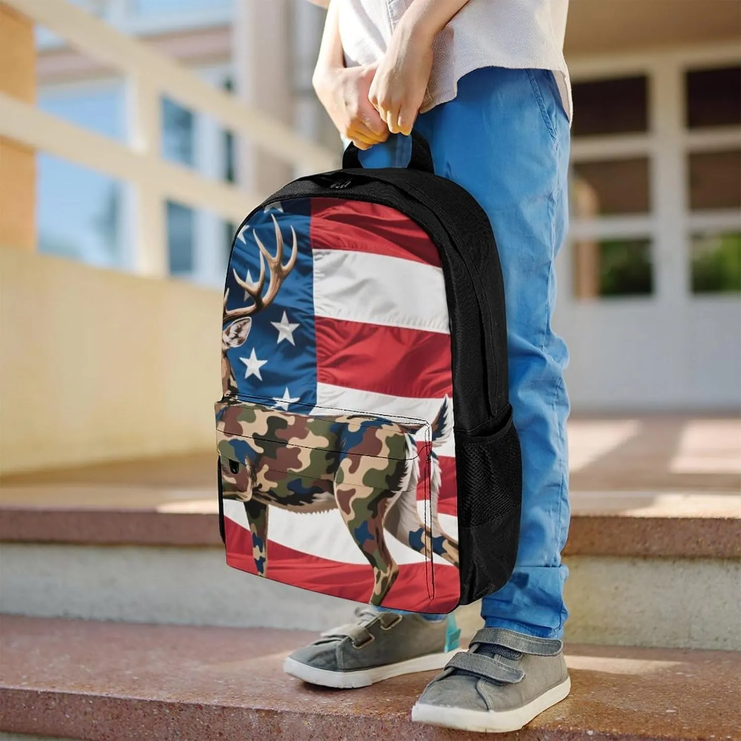 Women Men Polyester American Flag Camo Deer Camouflage Art Casual Daypack Large Capacity Bookbag With Side Pockets for Sports Picnic Walking Cycling