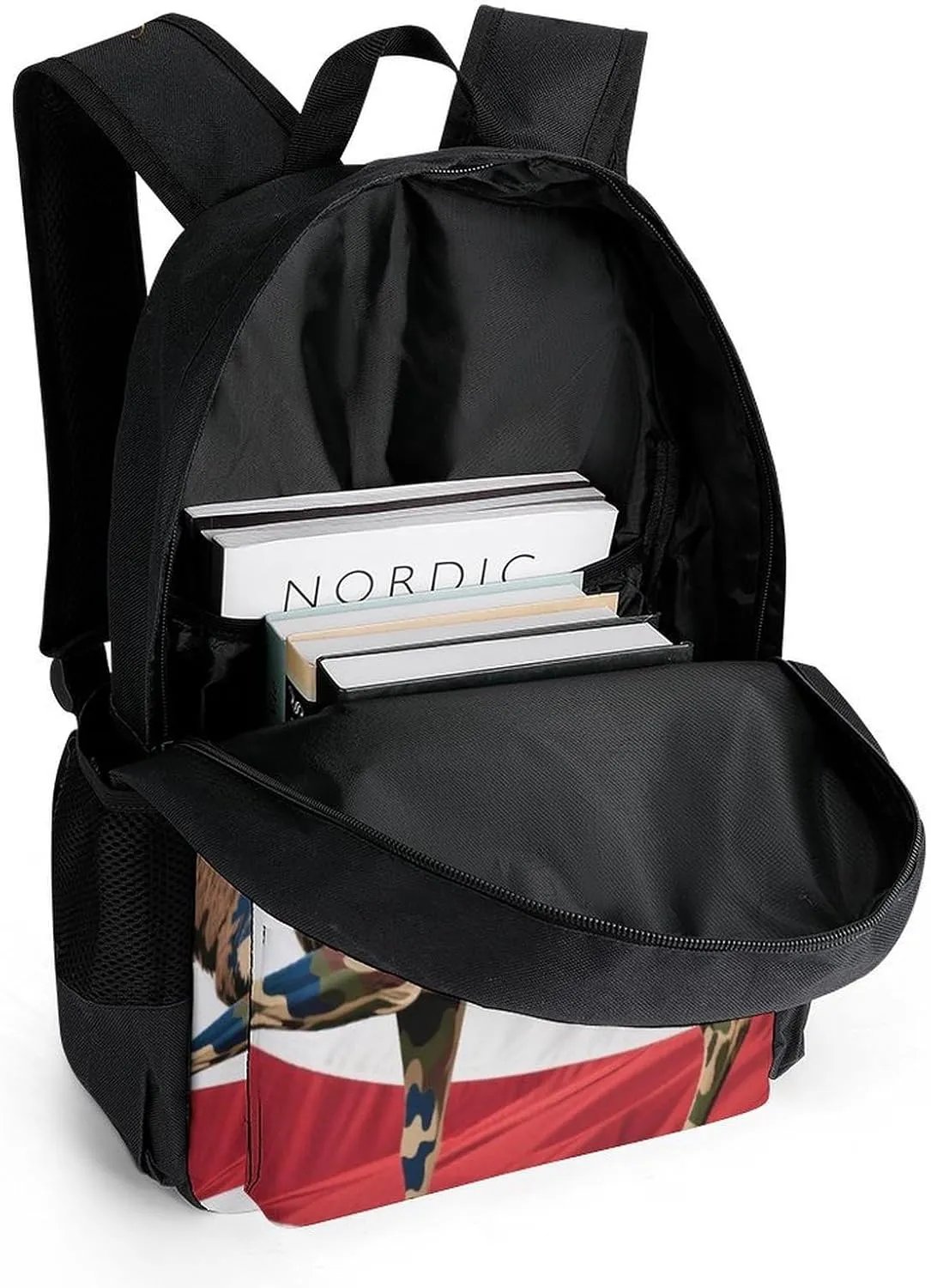 Women Men Polyester American Flag Camo Deer Camouflage Art Casual Daypack Large Capacity Bookbag With Side Pockets for Sports Picnic Walking Cycling