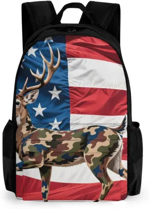 Women Men Polyester American Flag Camo Deer Camouflage Art Casual Daypack Large Capacity Bookbag With Side Pockets for Sports Picnic Walking Cycling