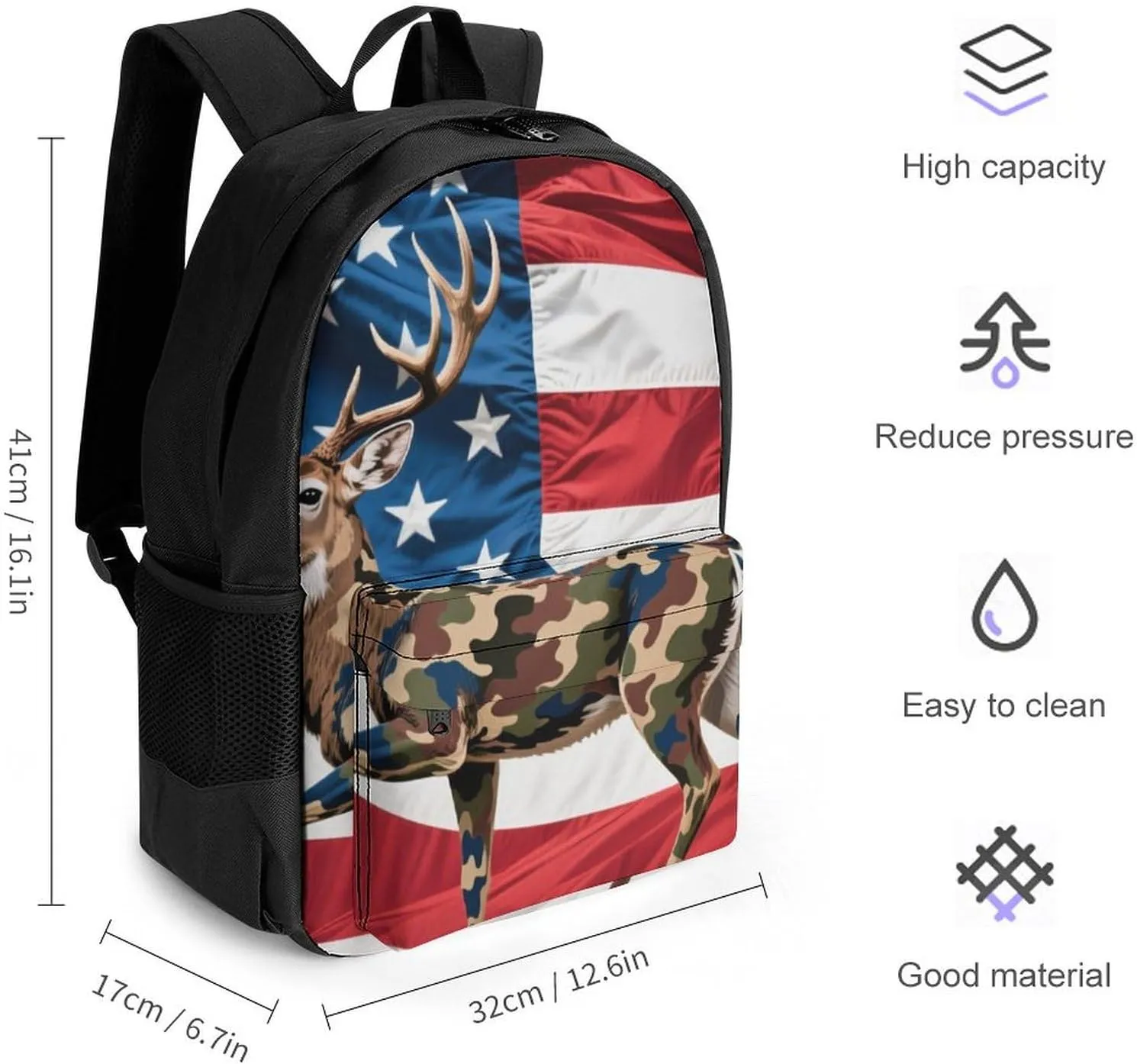 Women Men Polyester American Flag Camo Deer Camouflage Art Casual Daypack Large Capacity Bookbag With Side Pockets for Sports Picnic Walking Cycling