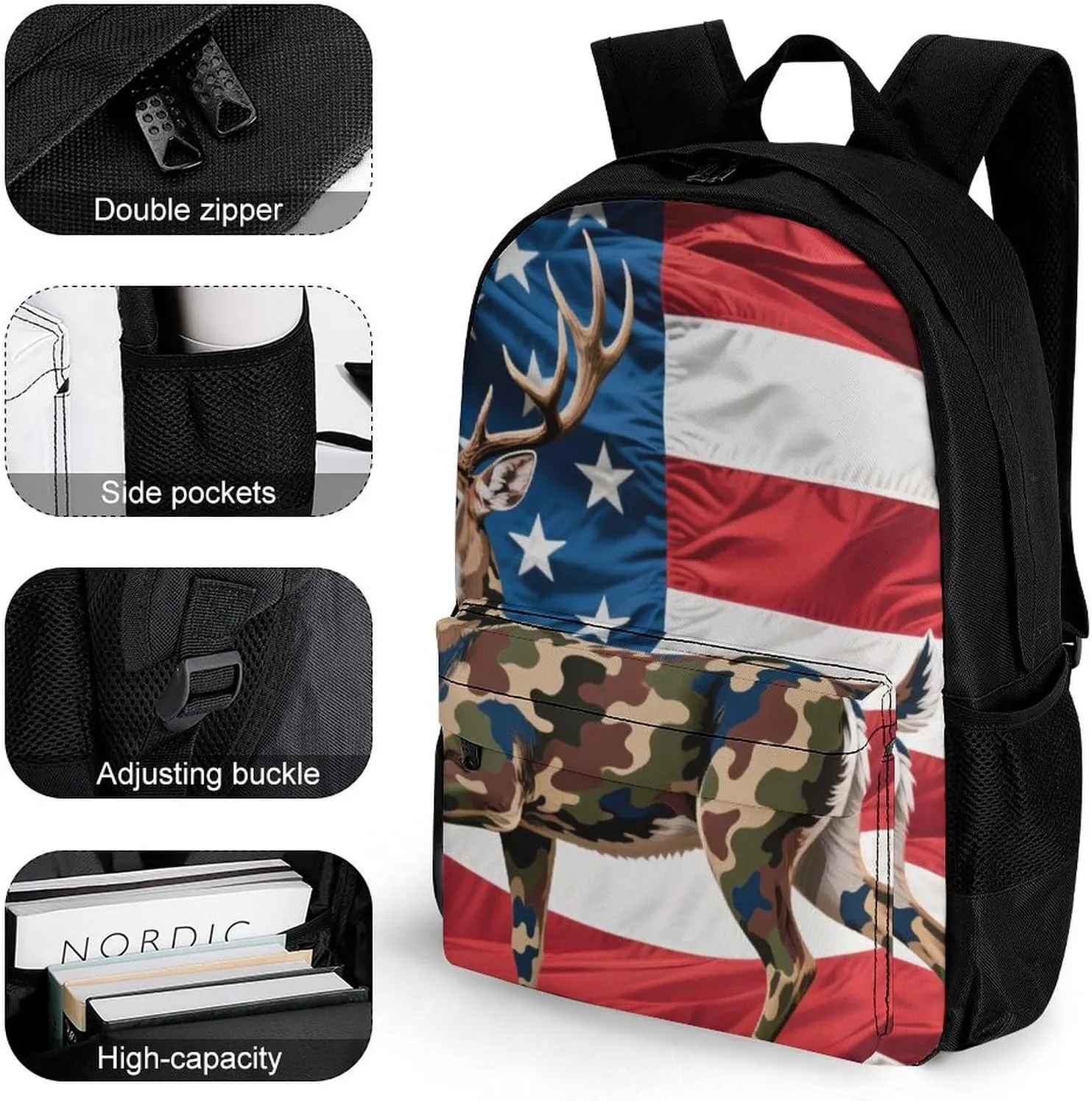 Women Men Polyester American Flag Camo Deer Camouflage Art Casual Daypack Large Capacity Bookbag With Side Pockets for Sports Picnic Walking Cycling