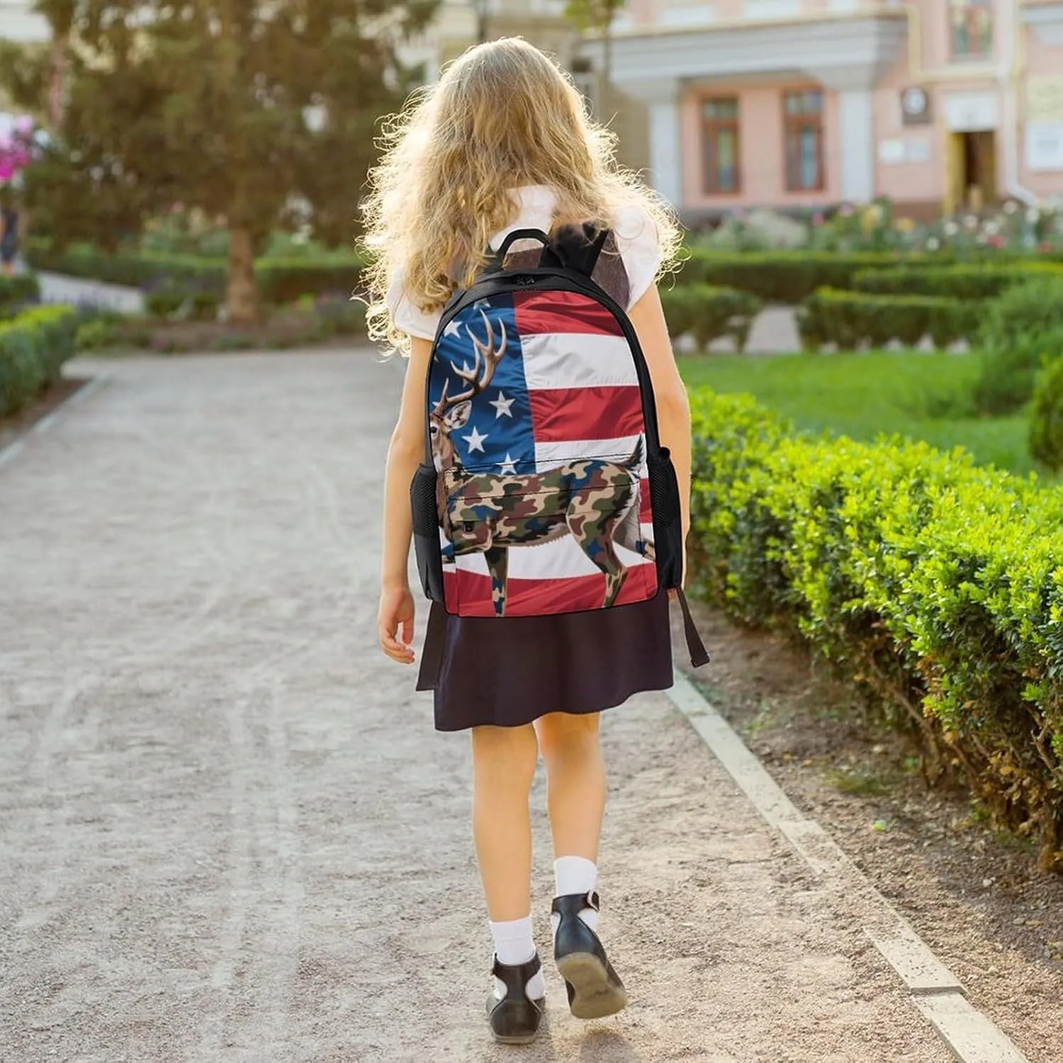 Women Men Polyester American Flag Camo Deer Camouflage Art Casual Daypack Large Capacity Bookbag With Side Pockets for Sports Picnic Walking Cycling