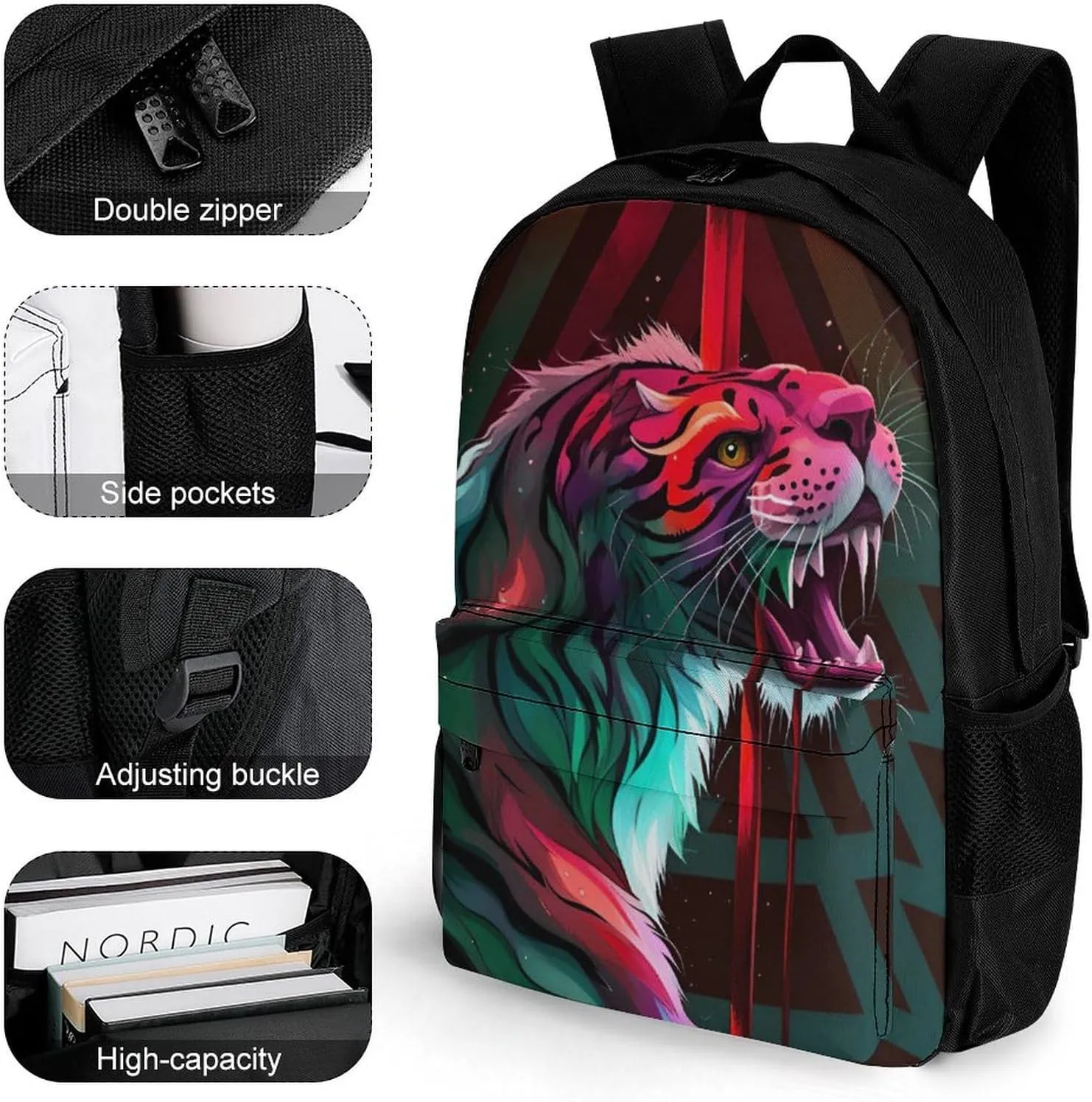 Women Men Polyester Angry Tiger Rainbow Animal Magic Art Casual Daypack Large Capacity Bookbag With Side Pockets for Sports Picnic Walking Cycling